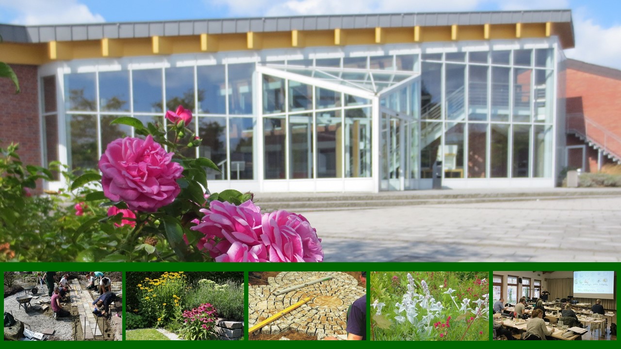 Gebäude des Bildungszentrums Gartenbau und Landwirtschaft Münster-Wolbeck sowie eine Collage mit Beispielbildern aus den angebotenen Lehrgängen.
